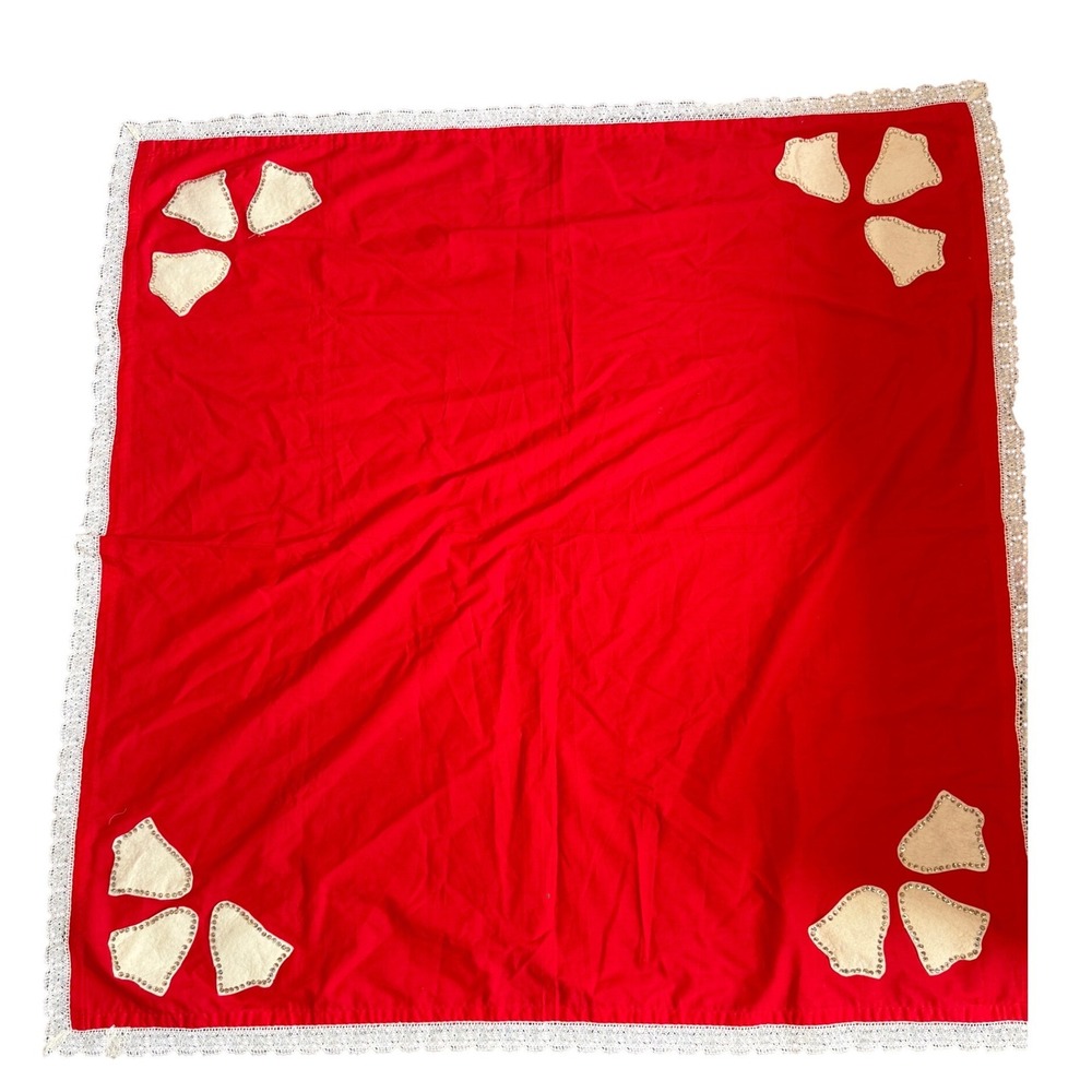 Vintage Red Christmas Tablecloth White Lace Trim Sequin Bell Applique 44x44